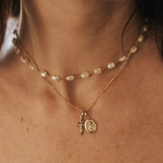 Layered Petite Miraculous Medal + Petite Crucifix Gold Filled Satellite Chain + Pearl Necklace