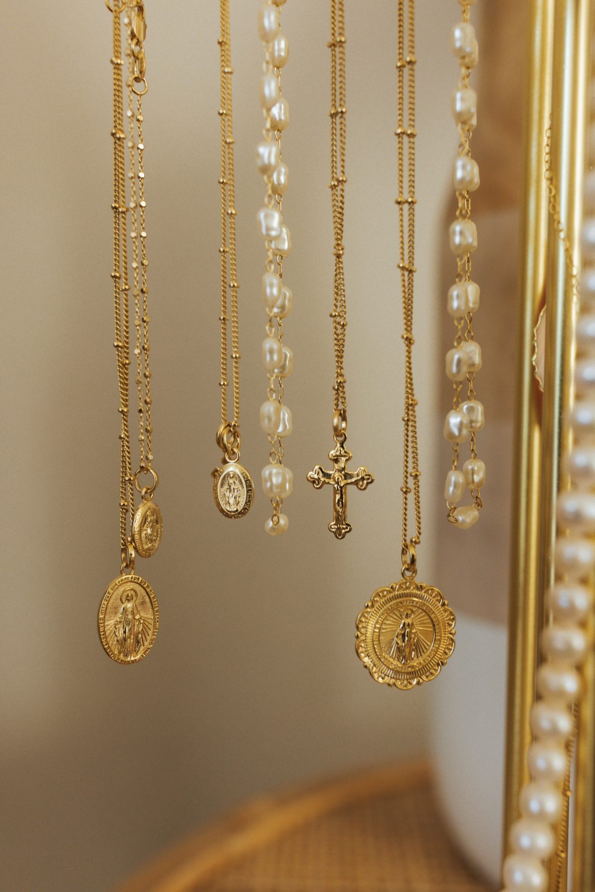 Layered Petite Miraculous Medal + Petite Crucifix Gold Filled Satellite Chain + Pearl Necklace