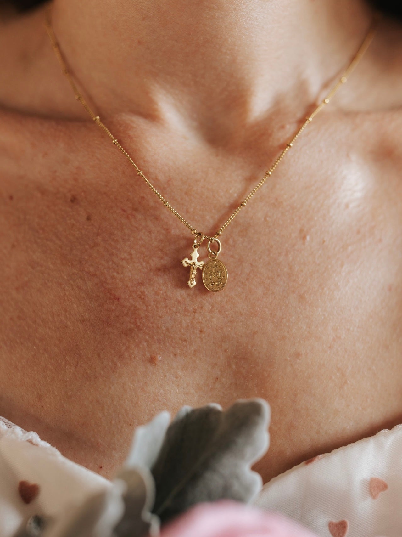 Petite Miraculous Medal + Petite Crucifix Gold Filled Satellite Chain Necklace