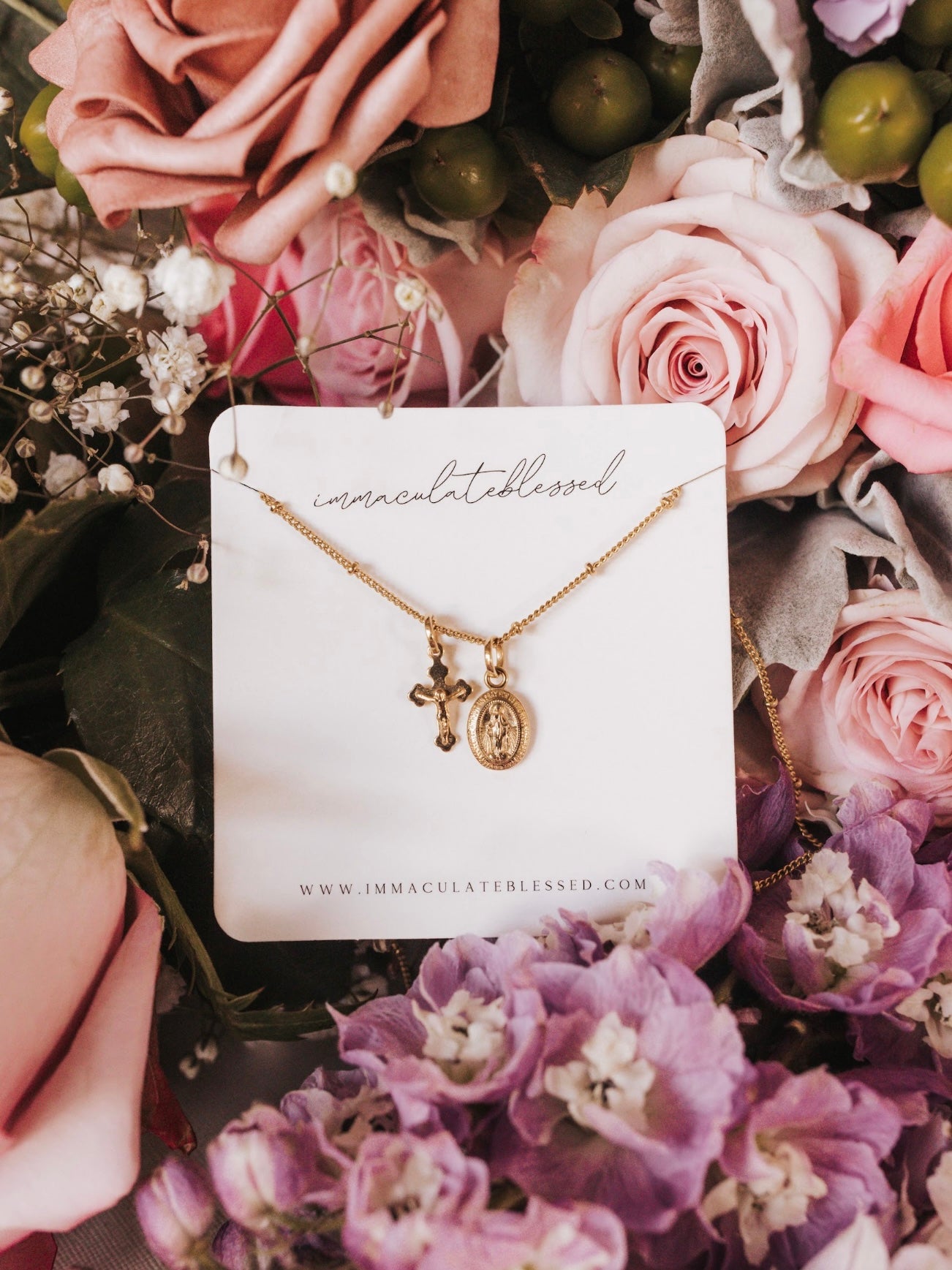 Petite Miraculous Medal + Petite Crucifix Gold Filled Satellite Chain Necklace