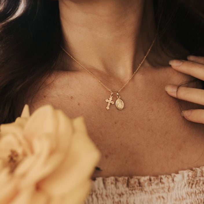 Layered Petite Miraculous Medal + Petite Crucifix Gold Filled Satellite Chain + Pearl Necklace