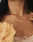 Layered Petite Miraculous Medal + Petite Crucifix Gold Filled Satellite Chain + Pearl Necklace
