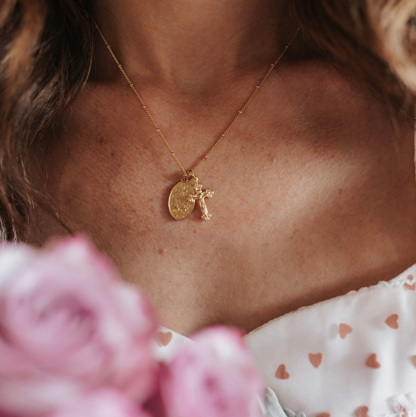 Miraculous Medal + Crucifix Gold Filled Satellite Chain Necklace