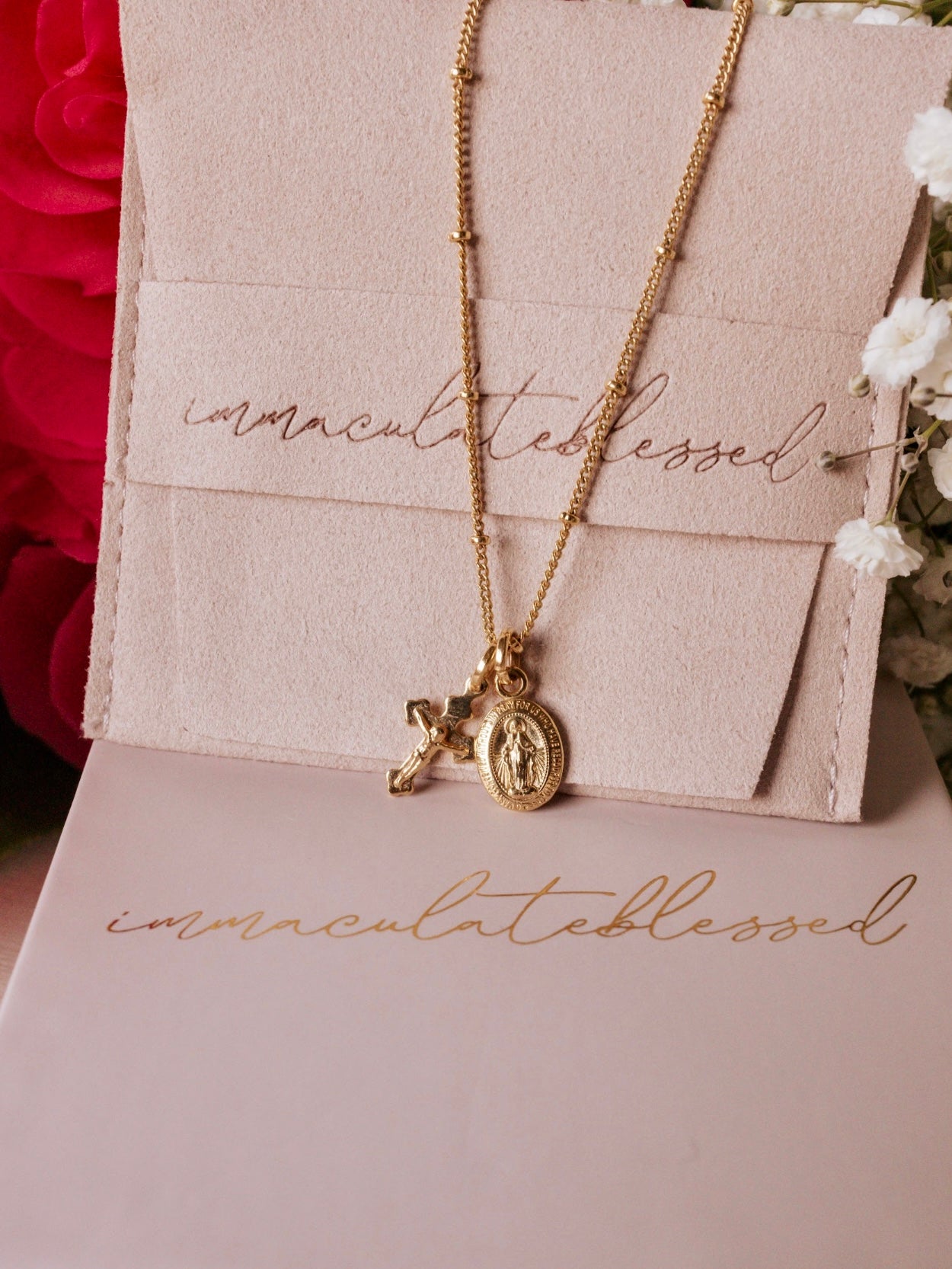 Layered Petite Miraculous Medal + Petite Crucifix Gold Filled Satellite Chain + Pearl Necklace