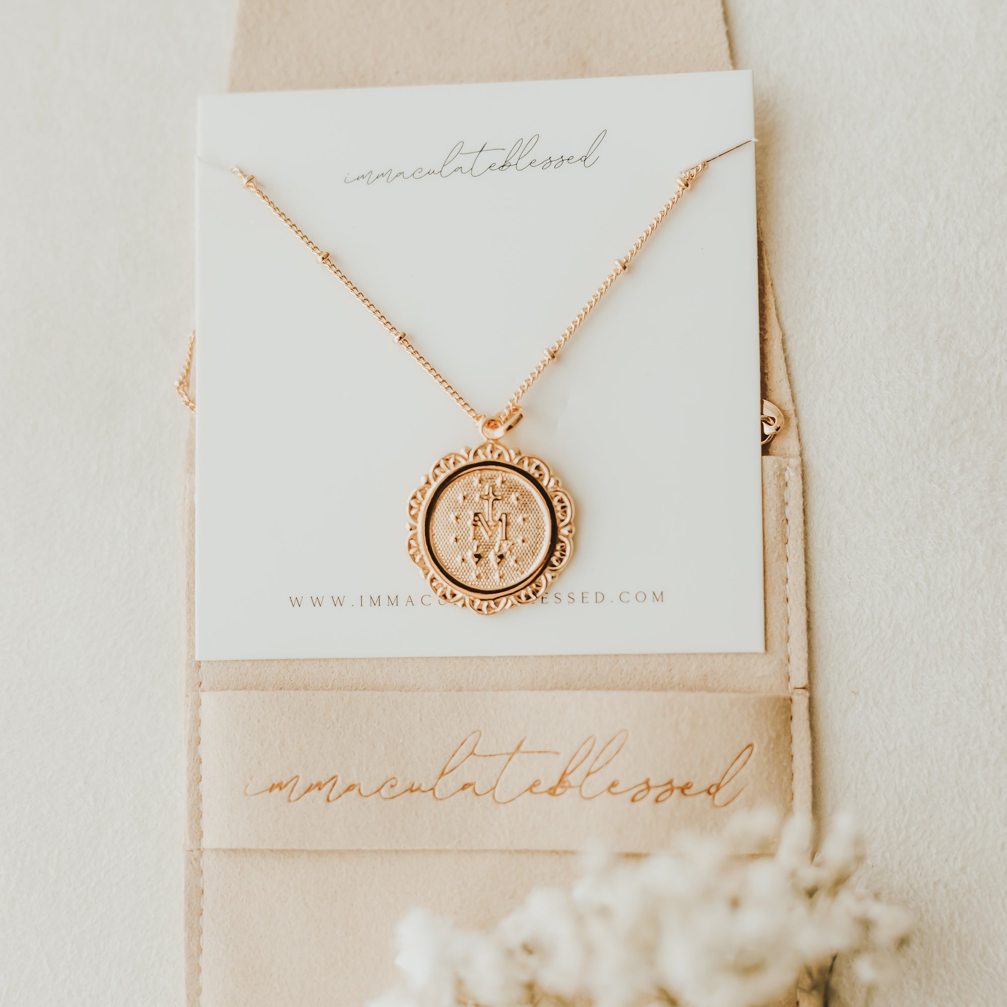 Miraculous Medal Antique Gold Filled Satellite Chain Necklace