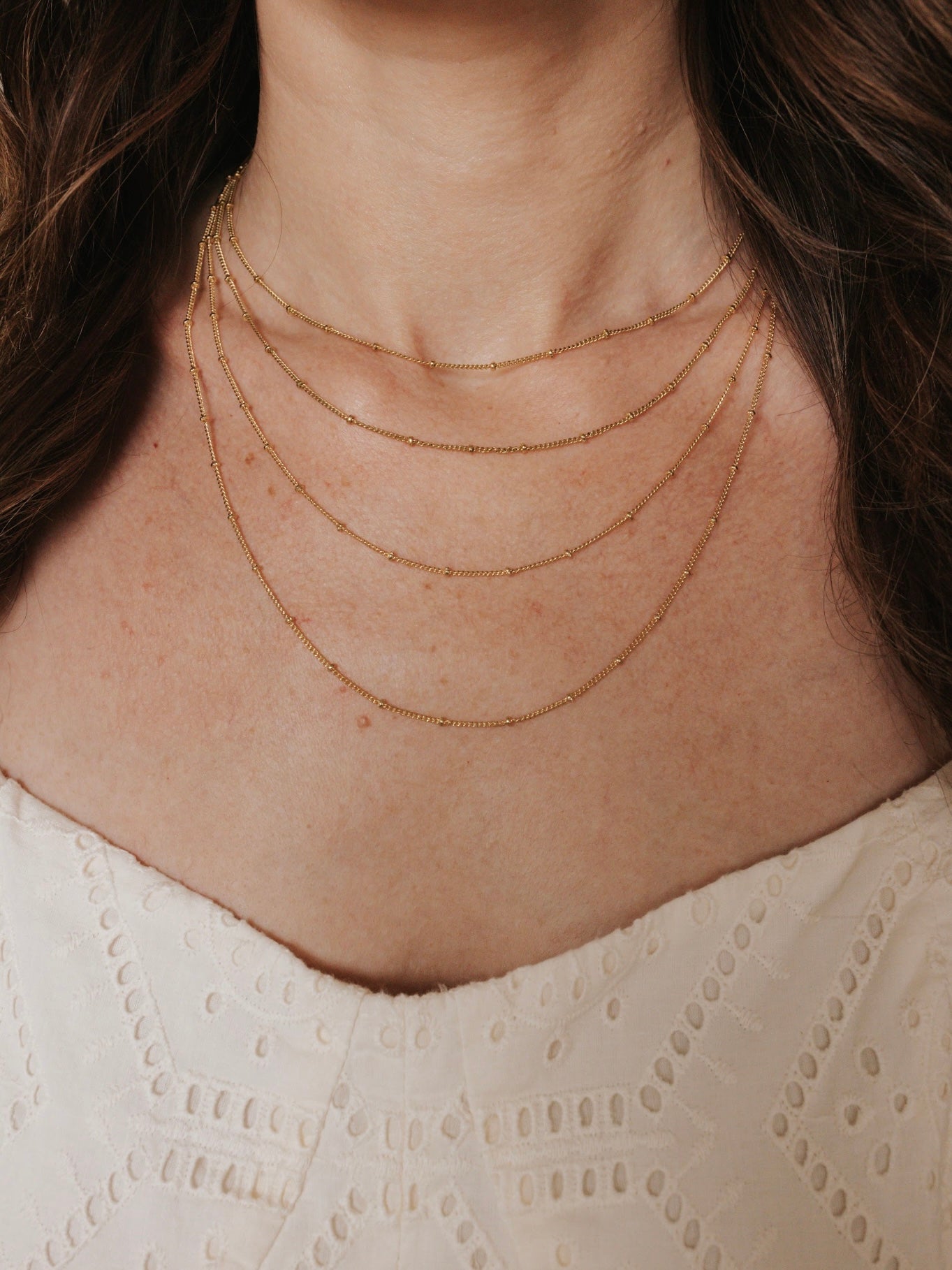 Layered Petite Miraculous Medal + Petite Crucifix Gold Filled Satellite Chain + Pearl Necklace