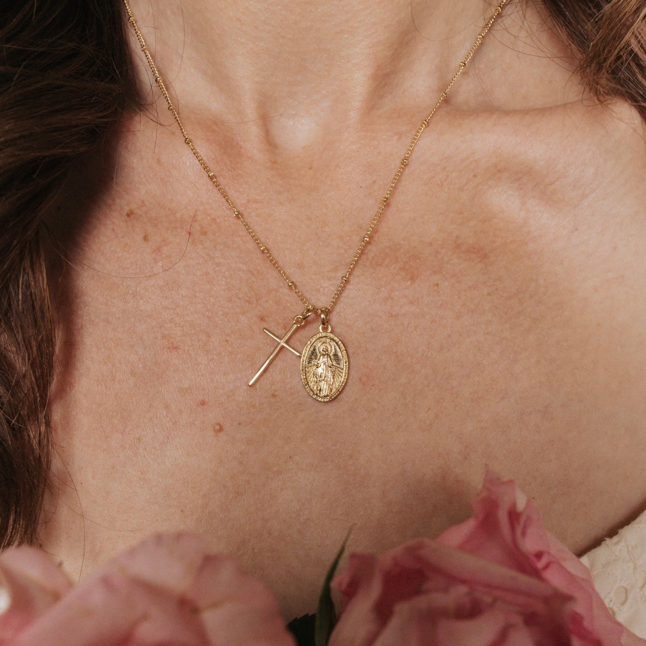 Miraculous Medal + Dainty Cross Gold Filled Necklace