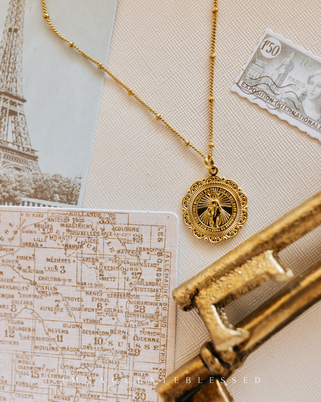 Miraculous Medal Antique Gold Filled Satellite Chain Necklace