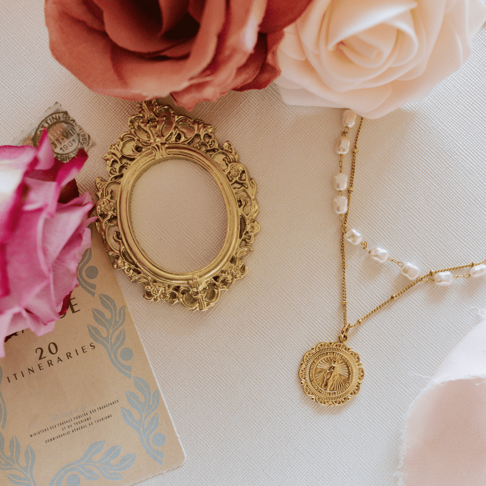 Miraculous Medal Antique Layered Pearl Gold Filled Satellite Chain Necklace