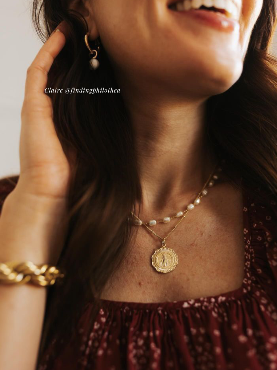 Miraculous Medal Antique Layered Pearl Gold Filled Satellite Chain Necklace