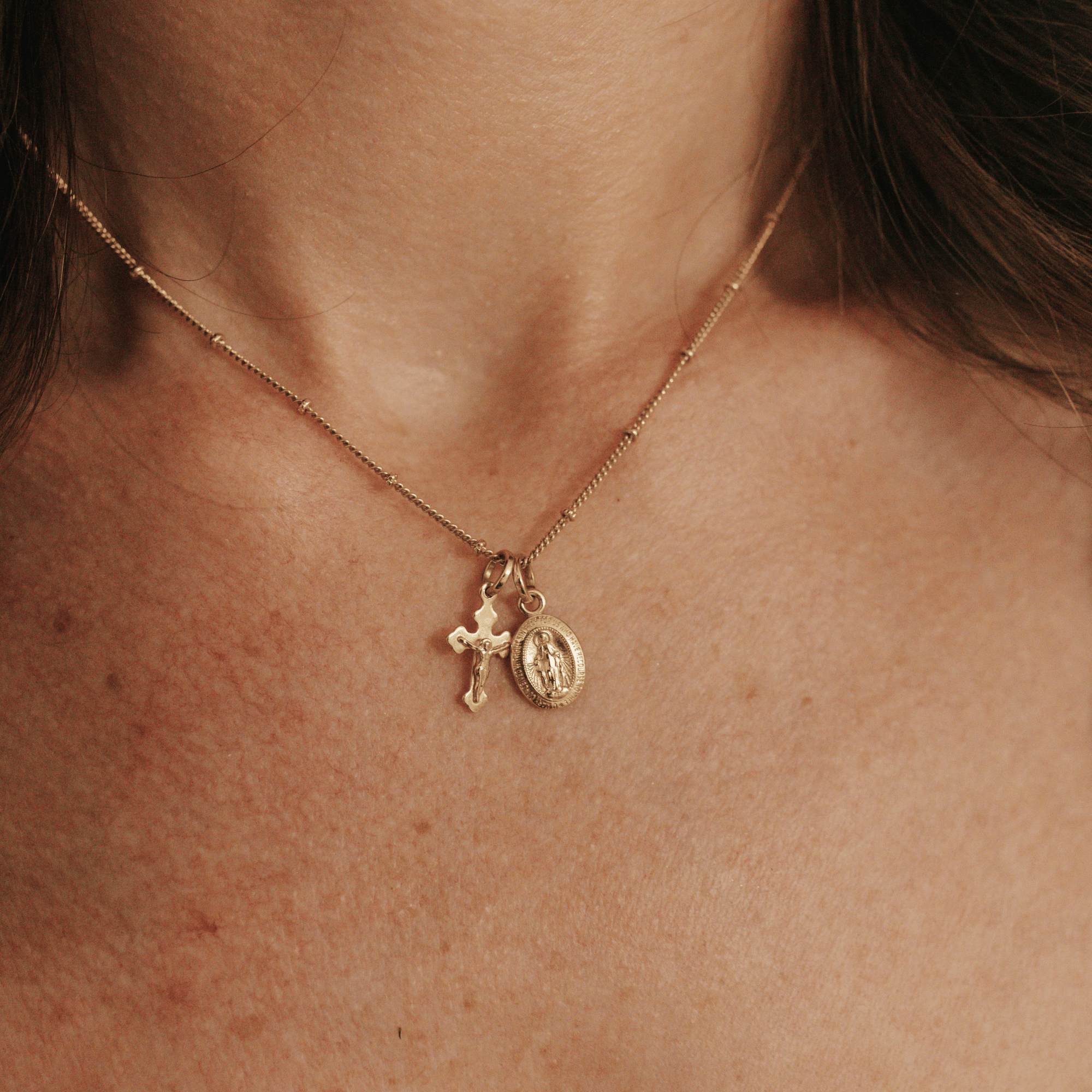 Layered Petite Miraculous Medal + Petite Crucifix Gold Filled Satellite Chain + Pearl Necklace