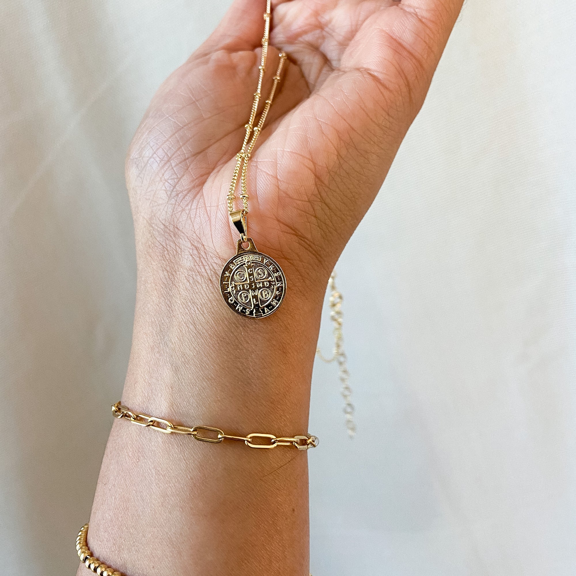 St. Benedict Medal 15mm Gold Filled Satellite Chain Necklace