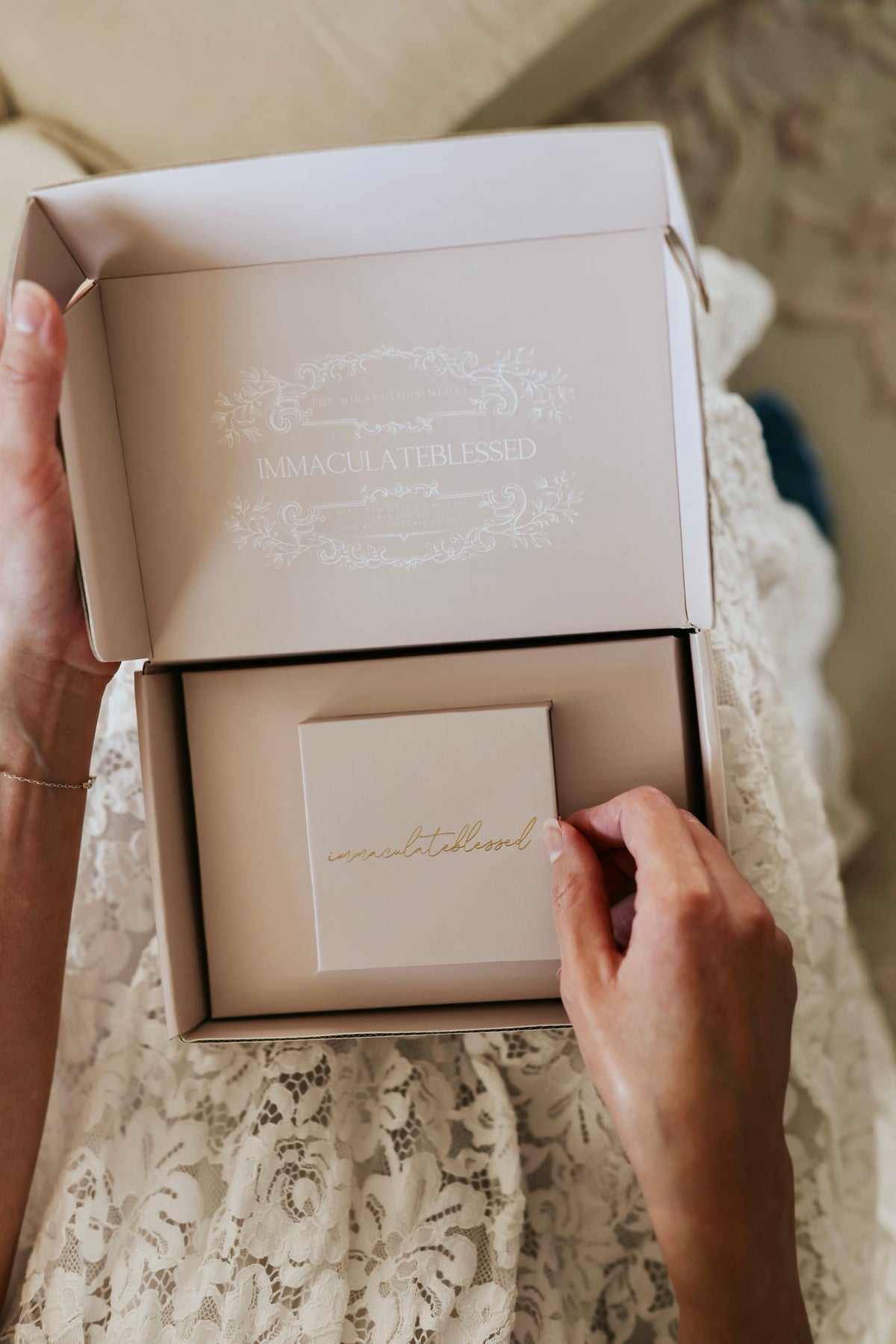 Opening the Immaculate Blessed box to the signature jewelry box inside