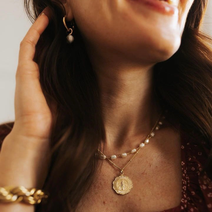 Miraculous Medal Antique Layered Pearl Gold Filled Satellite Chain Necklace