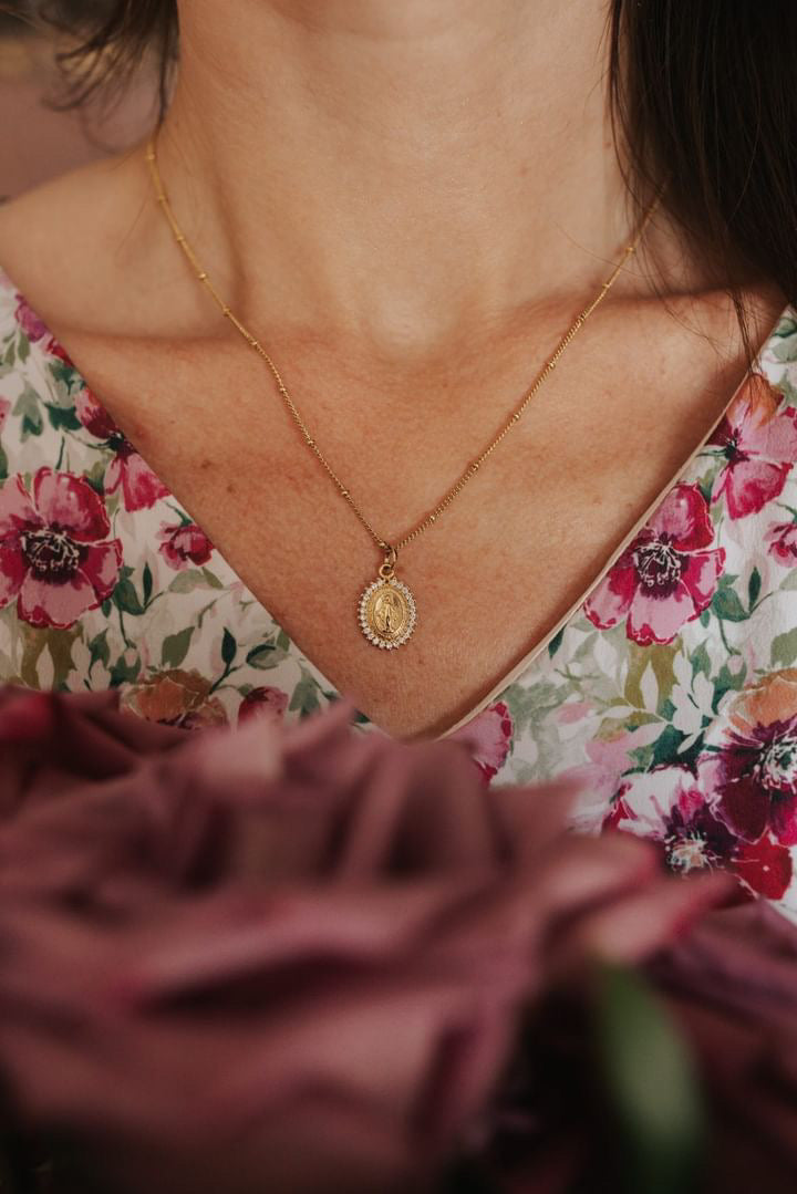 Our Lady of Grace Miraculous Medal Gold Filled Satellite Chain Necklace