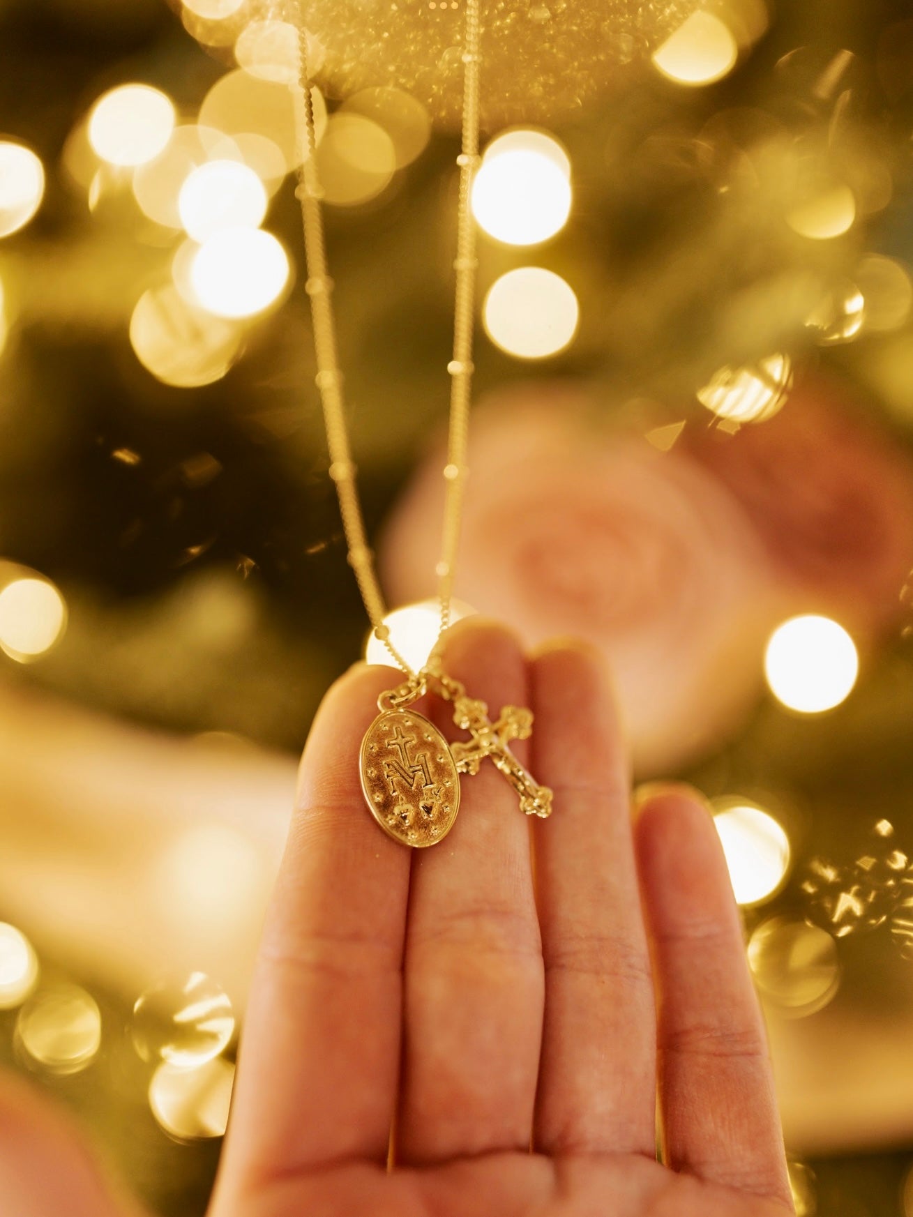 Miraculous Medal + Crucifix Gold Filled Satellite Chain Necklace