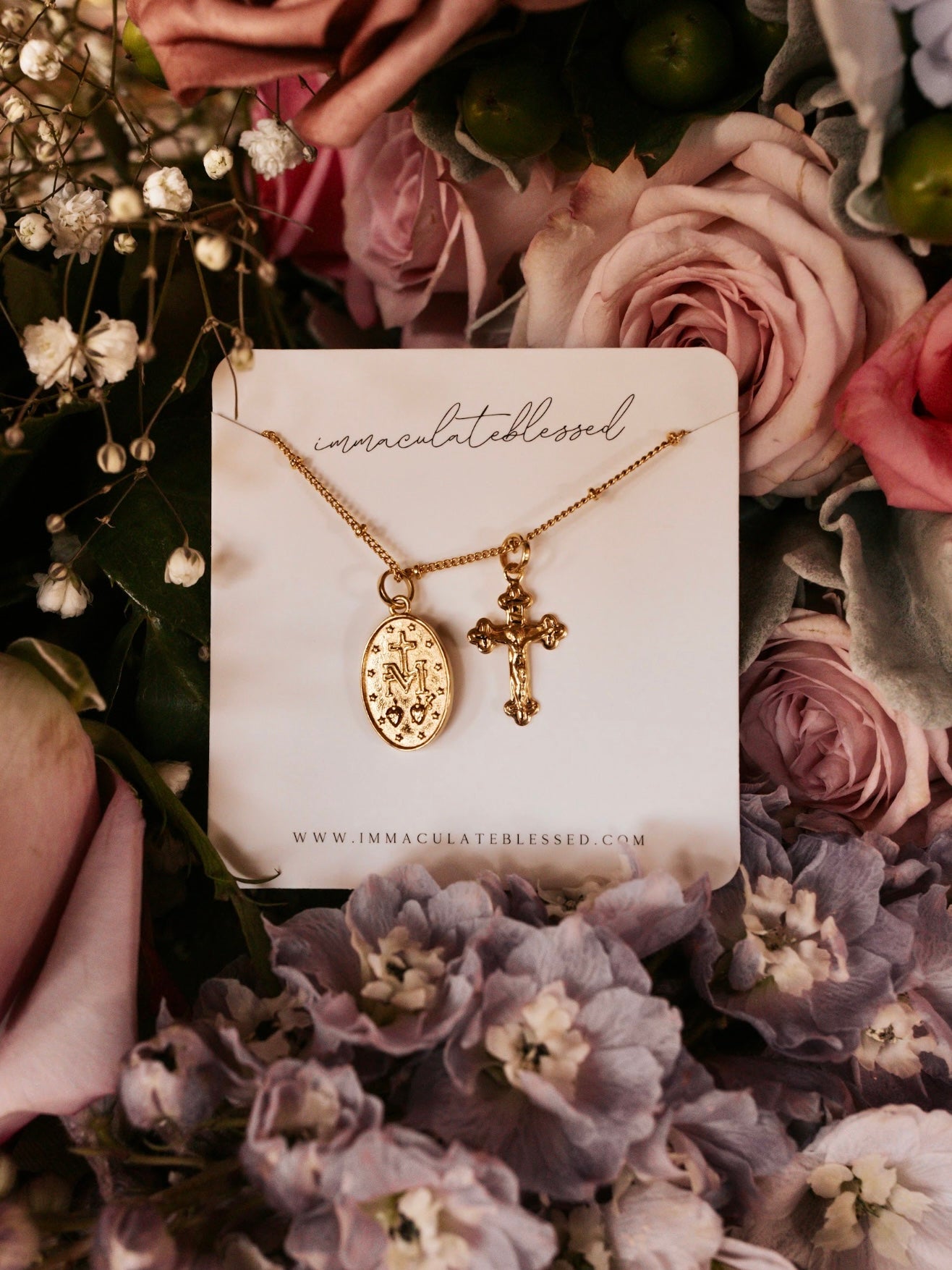 Miraculous Medal + Crucifix Gold Filled Satellite Chain Necklace