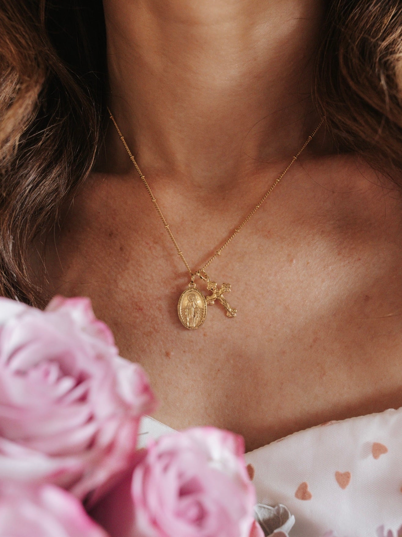 Miraculous Medal + Crucifix Layered Gold Filled Satellite Chain