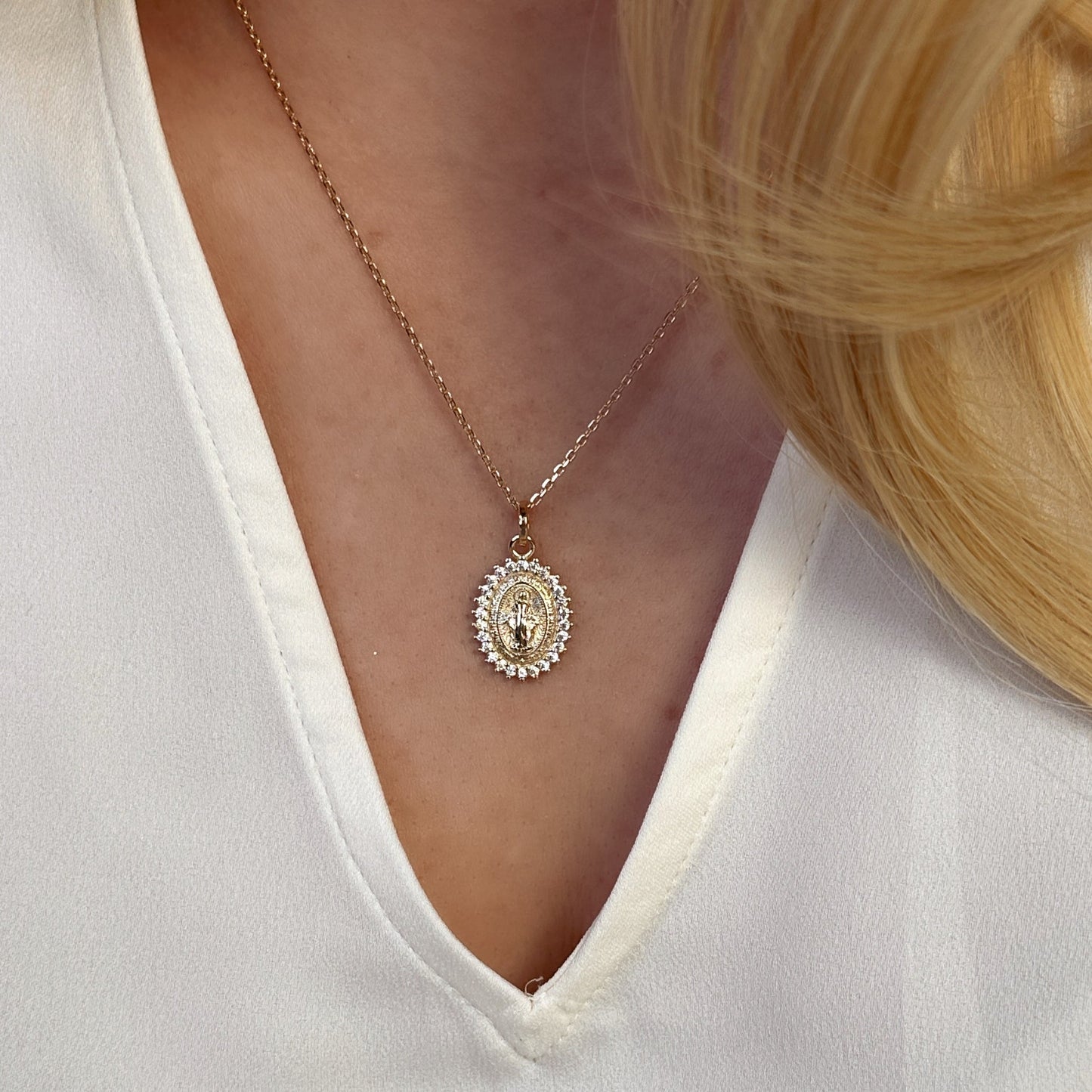 Our Lady of Grace Miraculous Medal Gold Filled Link Chain Necklace