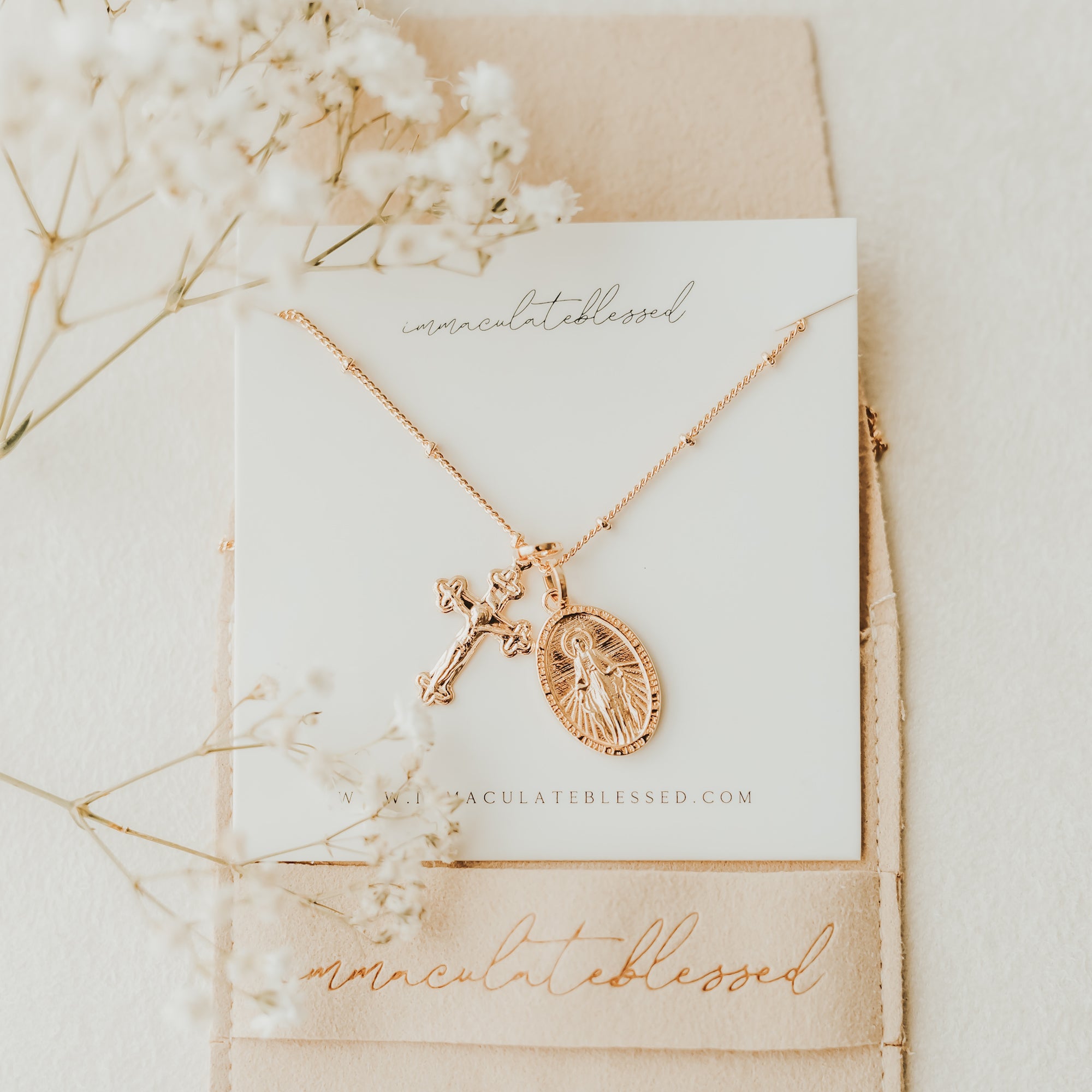 Miraculous Medal + Crucifix Gold Filled Satellite Chain Necklace
