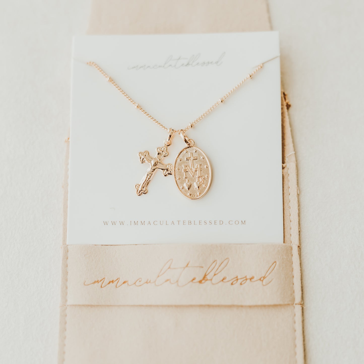 Miraculous Medal + Crucifix Gold Filled Satellite Chain Necklace