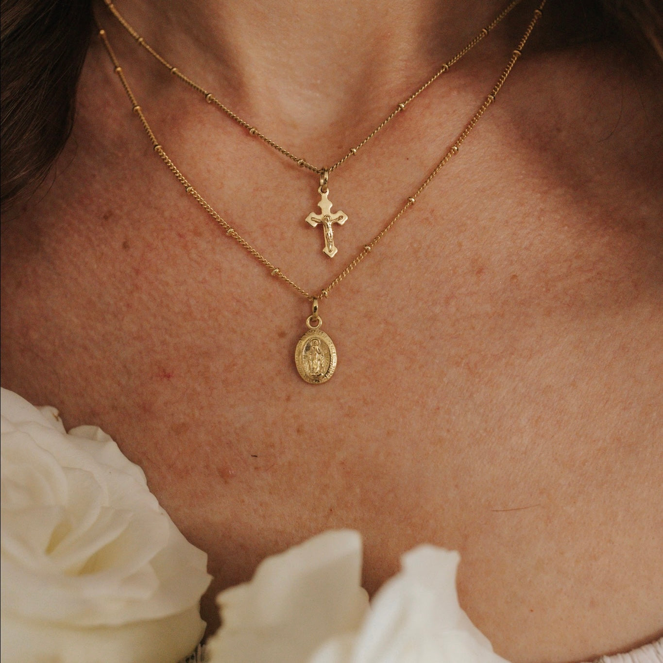 Petite Miraculous Medal + Petite Crucifix Layered Gold Filled Satellite Chain Necklace