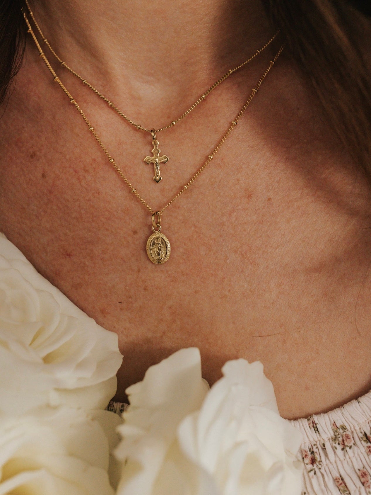 Petite Miraculous Medal + Petite Crucifix Layered Gold Filled Satellite Chain Necklace