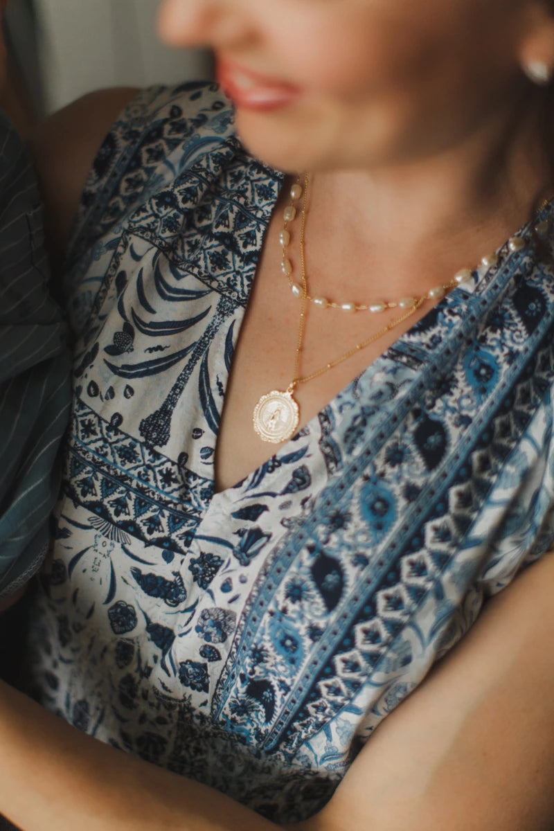 Miraculous Medal Antique Layered Pearl Gold Filled Satellite Chain Necklace