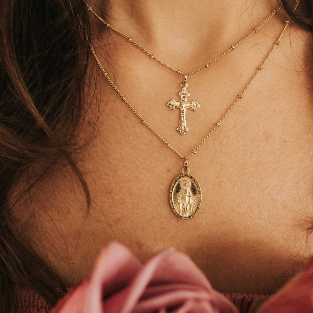 Miraculous Medal + Crucifix Layered Gold Filled Satellite Chain Necklace