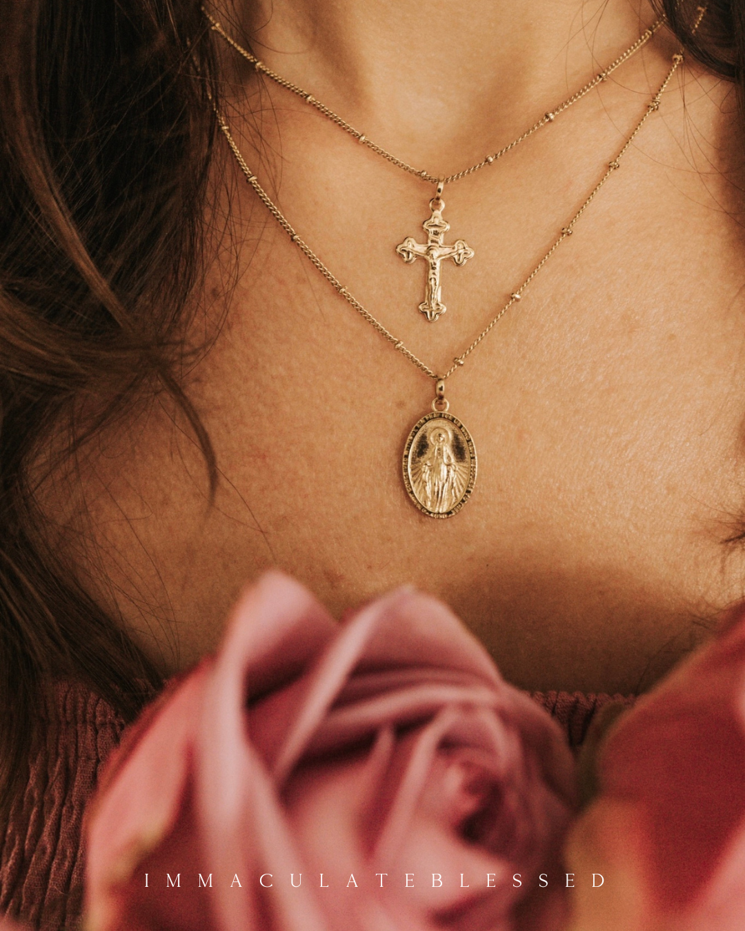 Miraculous Medal + Crucifix Layered Gold Filled Satellite Chain Necklace