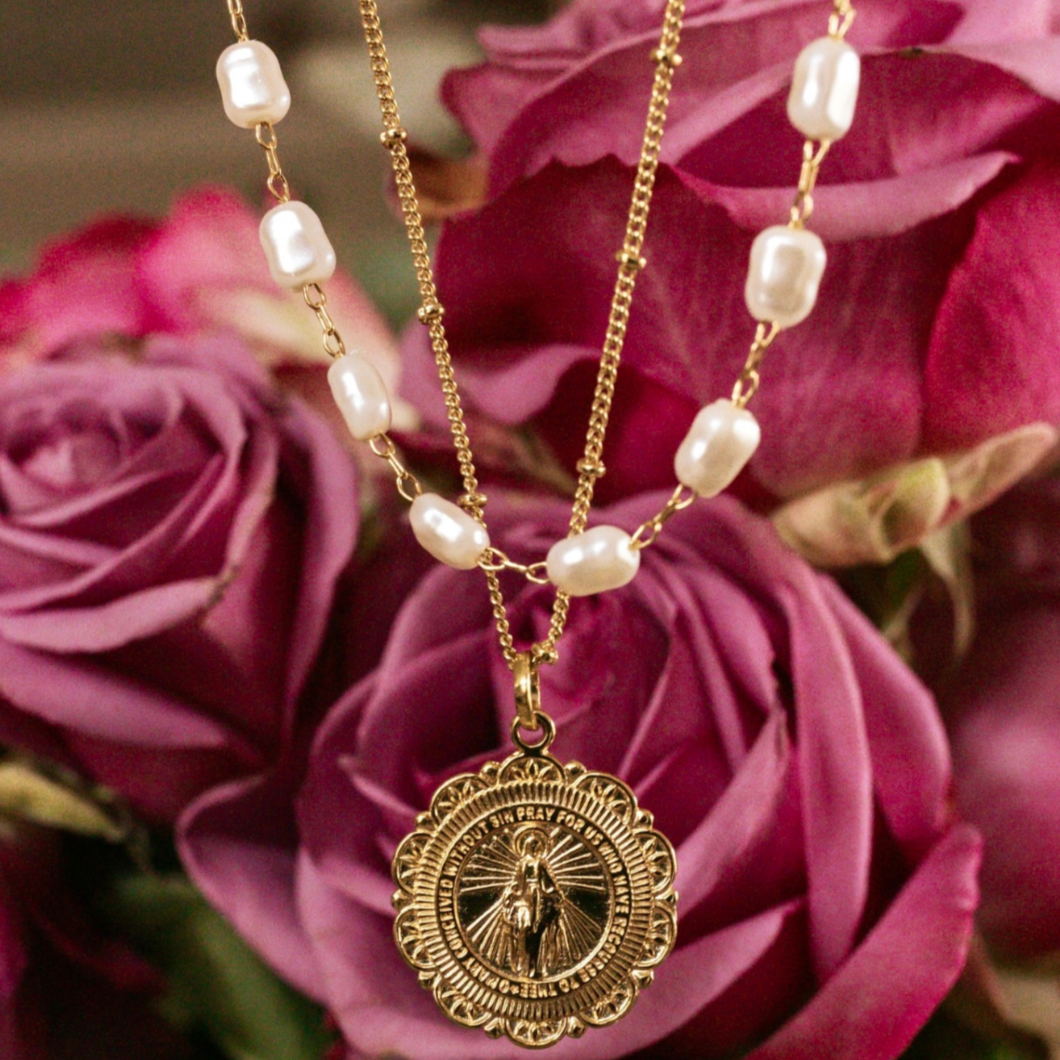 Miraculous Medal Antique Layered Pearl Gold Filled Satellite Chain Necklace