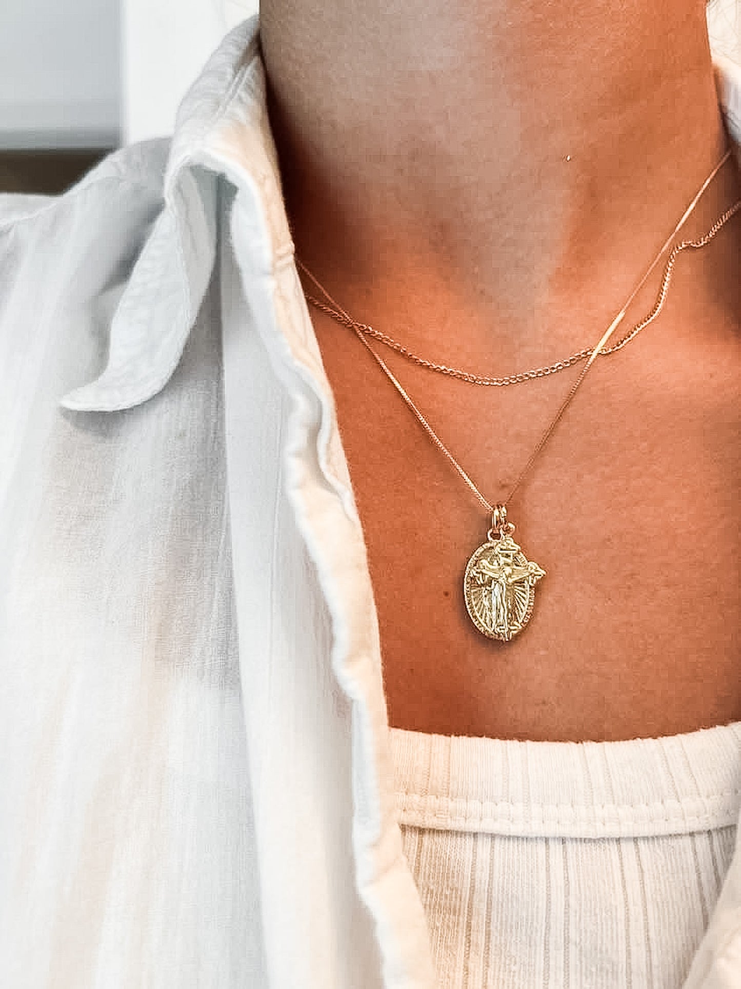Miraculous Medal + Crucifix Gold Filled Dainty Chain Necklace