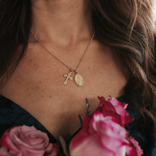 Miraculous Medal + Crucifix Gold Filled Satellite Chain Necklace