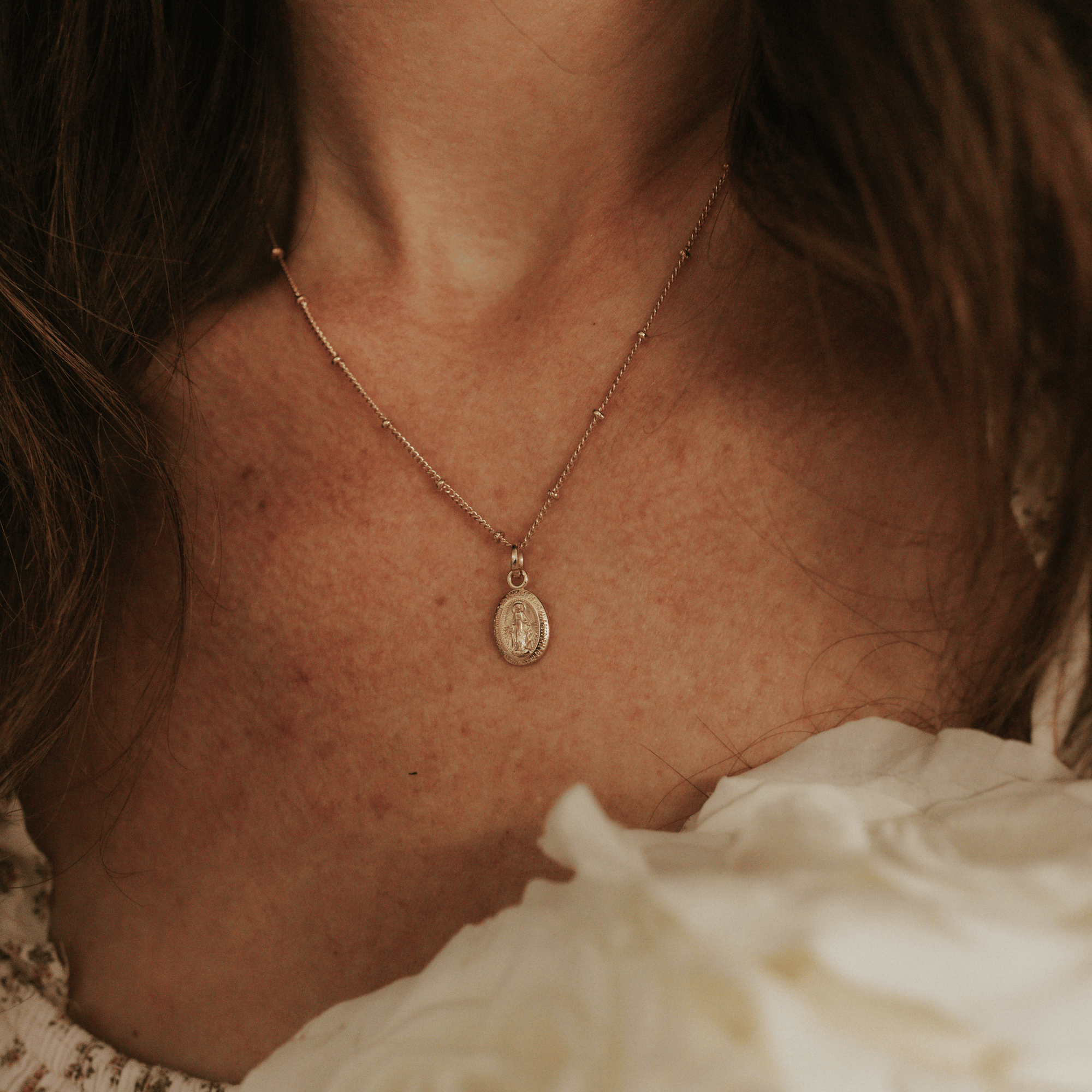 Petite Miraculous Medal + Petite Crucifix Layered Gold Filled Satellite Chain Necklace