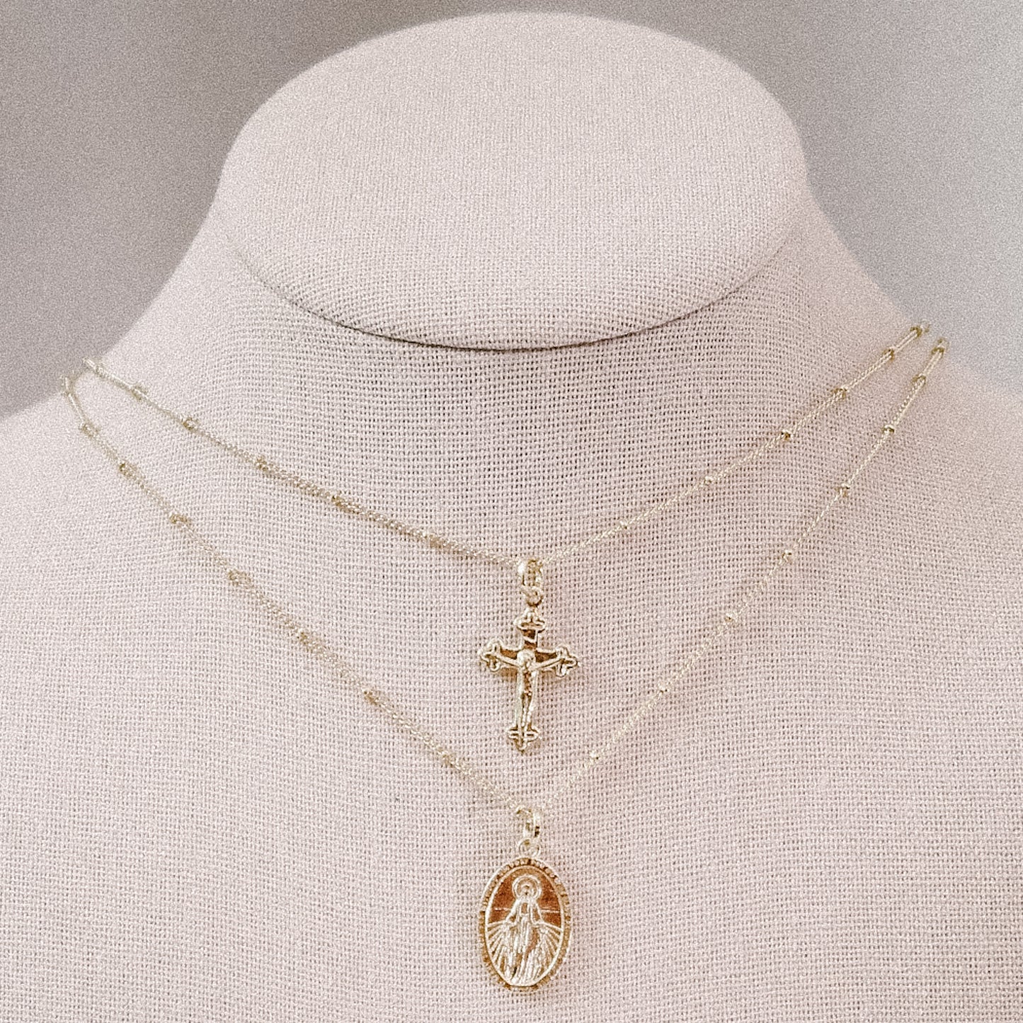 Miraculous Medal + Crucifix Layered Gold Filled Satellite Chain Necklace
