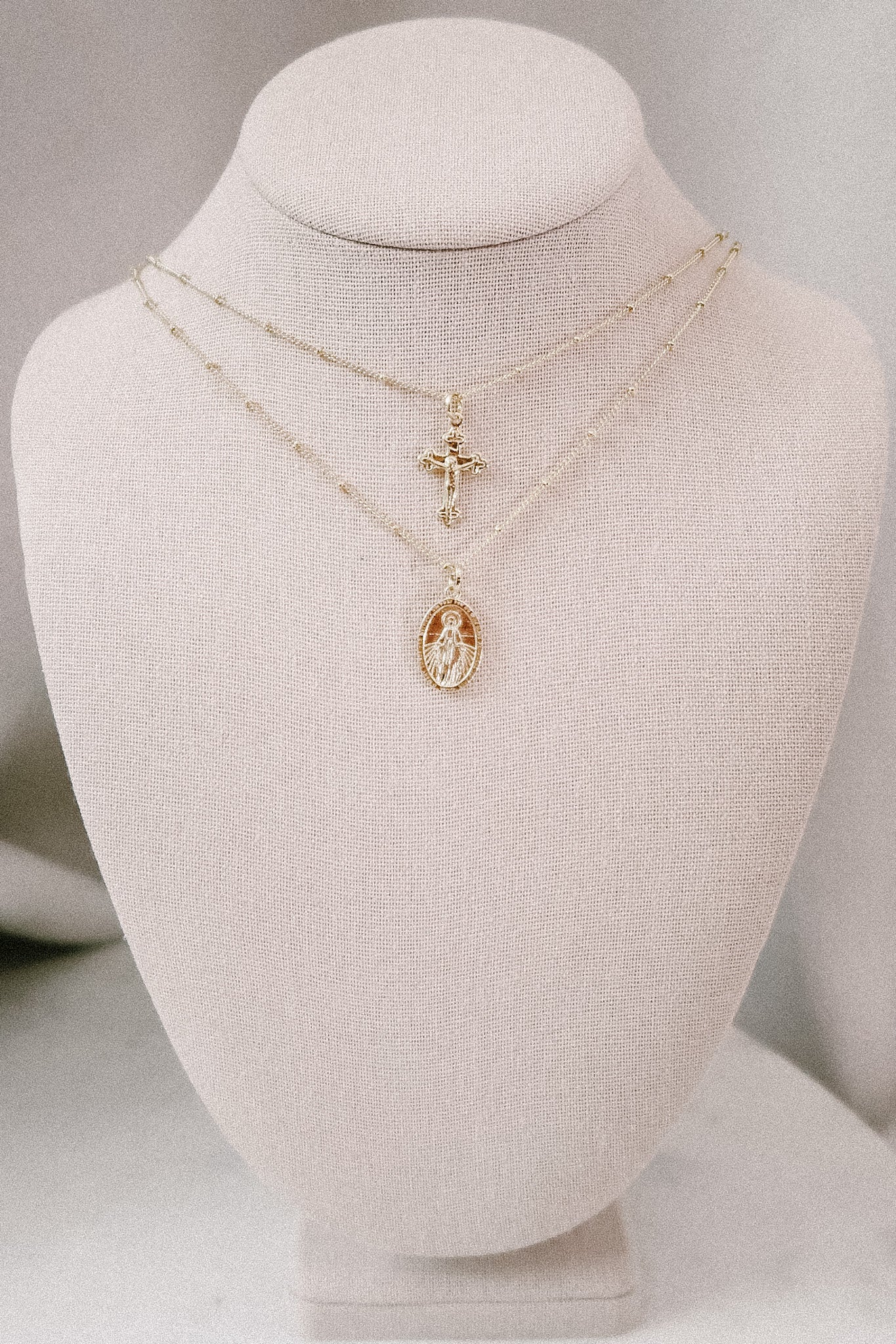 Miraculous Medal + Crucifix Layered Gold Filled Satellite Chain Necklace