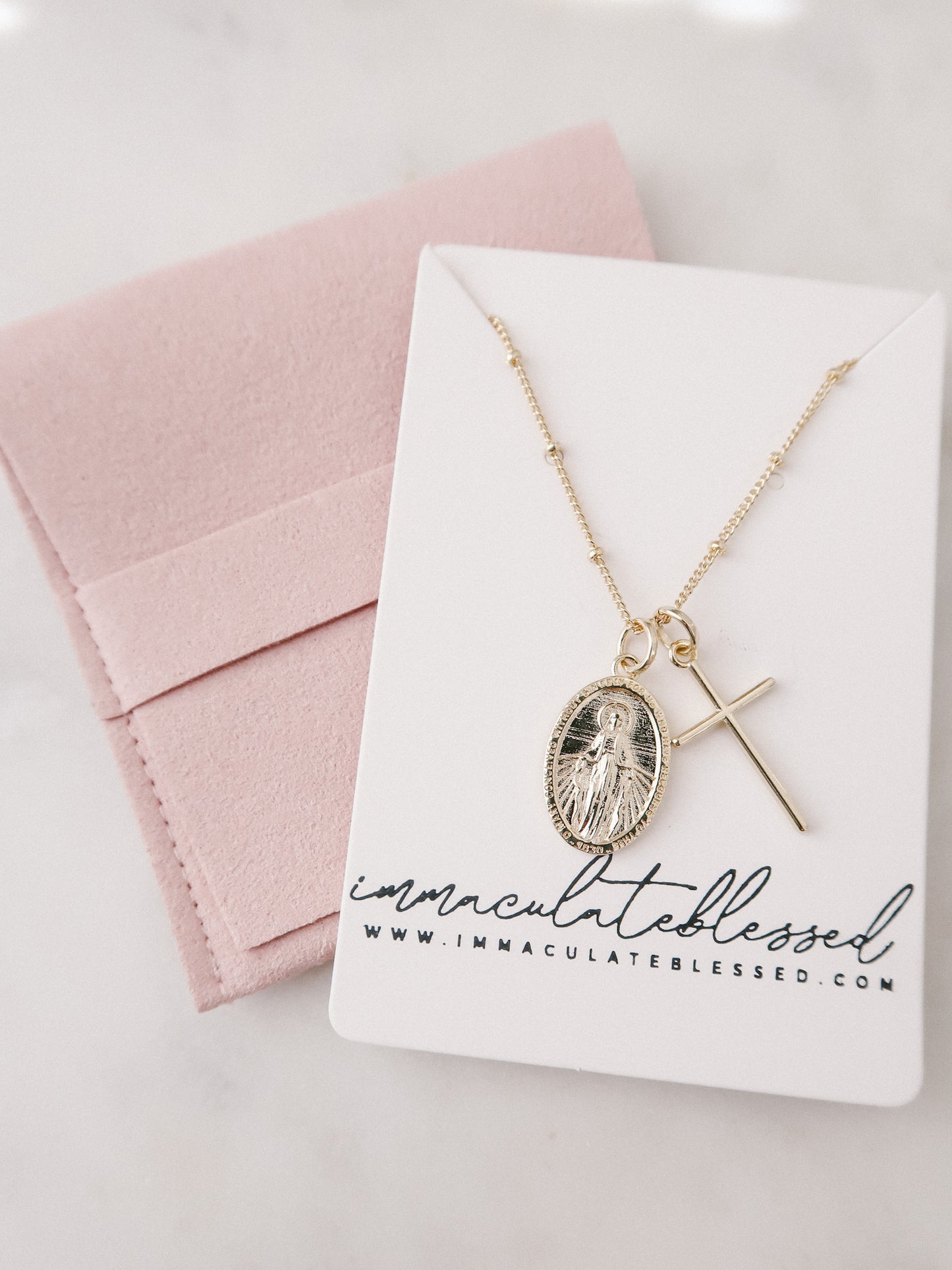 Miraculous Medal + Dainty Cross Gold Filled Satellite Chain Necklace