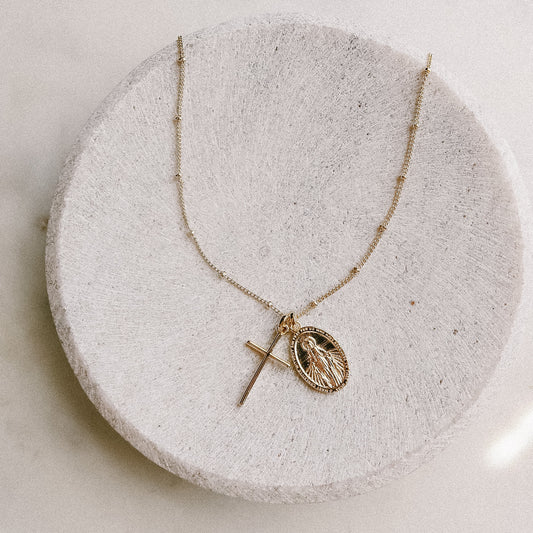 Miraculous Medal + Dainty Cross Gold Filled Satellite Chain Necklace